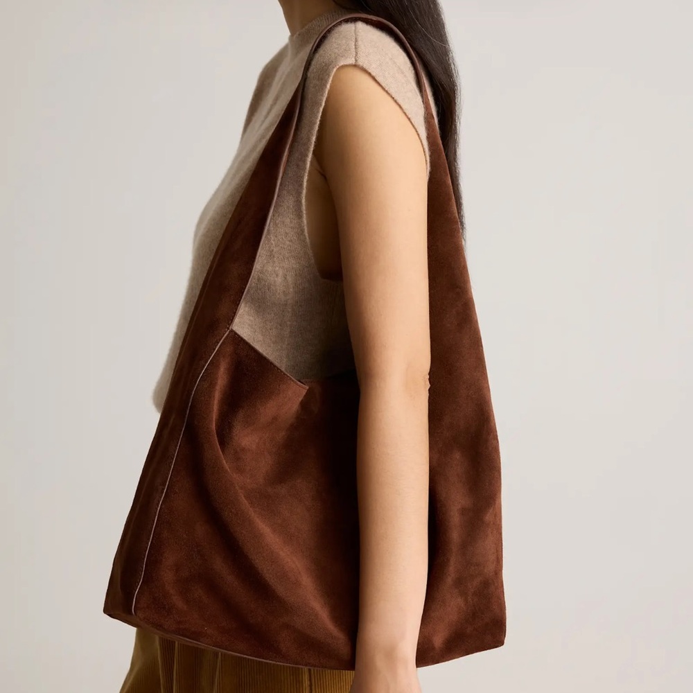 Quince Italian Suede Slouchy Shoulder Bag in Chocolate Brown with Dust Bag - Picture 2 of 4